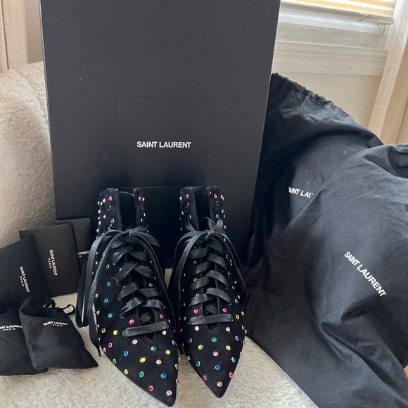 Saint Laurent Paris Blaze 45 Crystals Leather Suede Ankle Boots Black - Picture 8 of 17